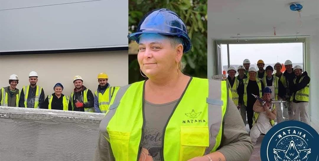 Beata, NVQ assessor, on site in a hard hat and hi-vis vest, with groups of construction workers either side